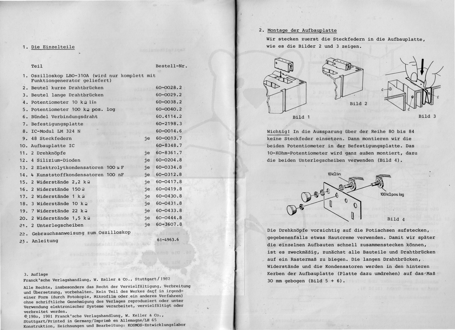 Kosmos Elektronik Oszilloskop mit Funktionsgenerator Bausatz, Experimentieranleitung Seite 2,3